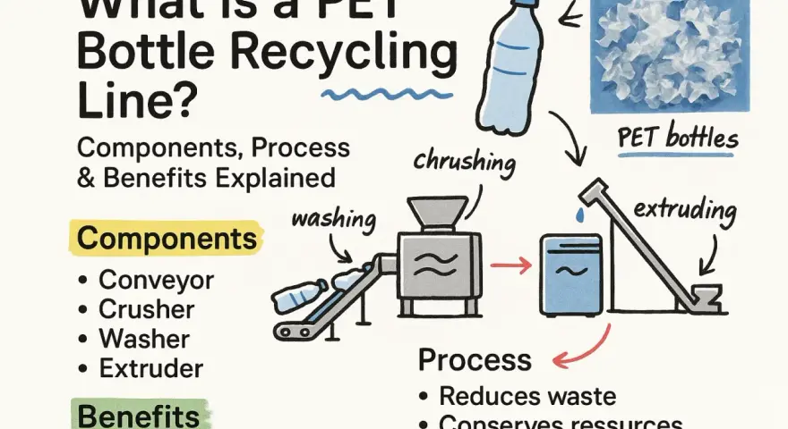 Schemat linii recyklingu PET: butelki są kruszone, myte, a następnie przetwarzane na granulat. Proces ten redukuje odpady i oszczędza zasoby.