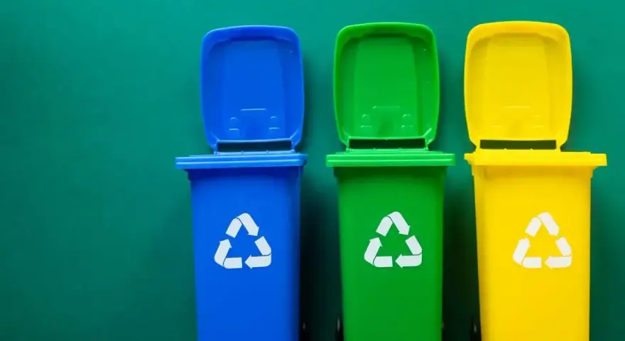 Trzy kolorowe kosze na śmieci: niebieski, zielony i żółty, z symbolami recyklingu. Pytanie: gdzie wyrzucać jednorazówki?