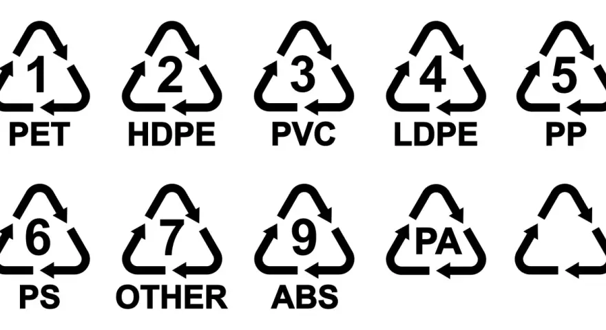 Symbole recyklingu tworzyw sztucznych: PET (politereftalan etylenu), HDPE, PVC, LDPE, PP, PS, OTHER, ABS, PA.