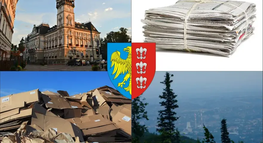 Stos makulatury, stos kartonów, herb miasta i widok na panoramę. Sprawdź, jaka jest aktualna makulatura cena.