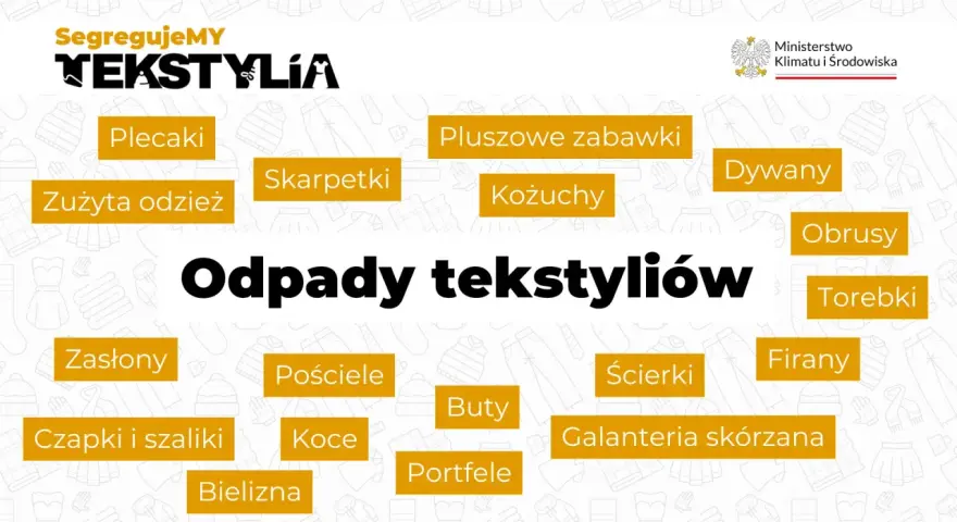 Gdzie wyrzucać ubrania i inne tekstylia? Grafika pokazuje przykłady: plecaki, zużytą odzież, pościele, czapki i szaliki, bieliznę, skarpetki, koce, portfele, pluszowe zabawki, kożuchy, buty, galanterię skórzaną, dywany, obrusy, torebki, ścierki, firany.