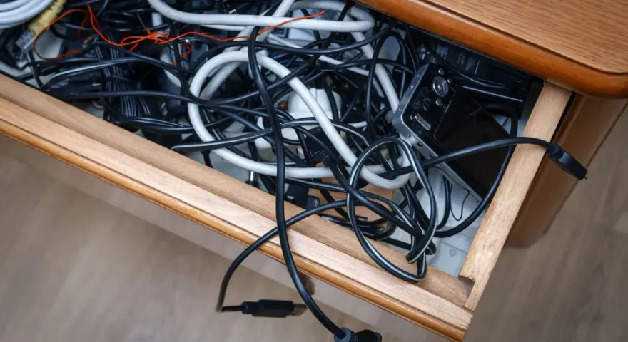 Szuflada pełna plątaniny kabli, ładowarek i urządzeń elektronicznych.