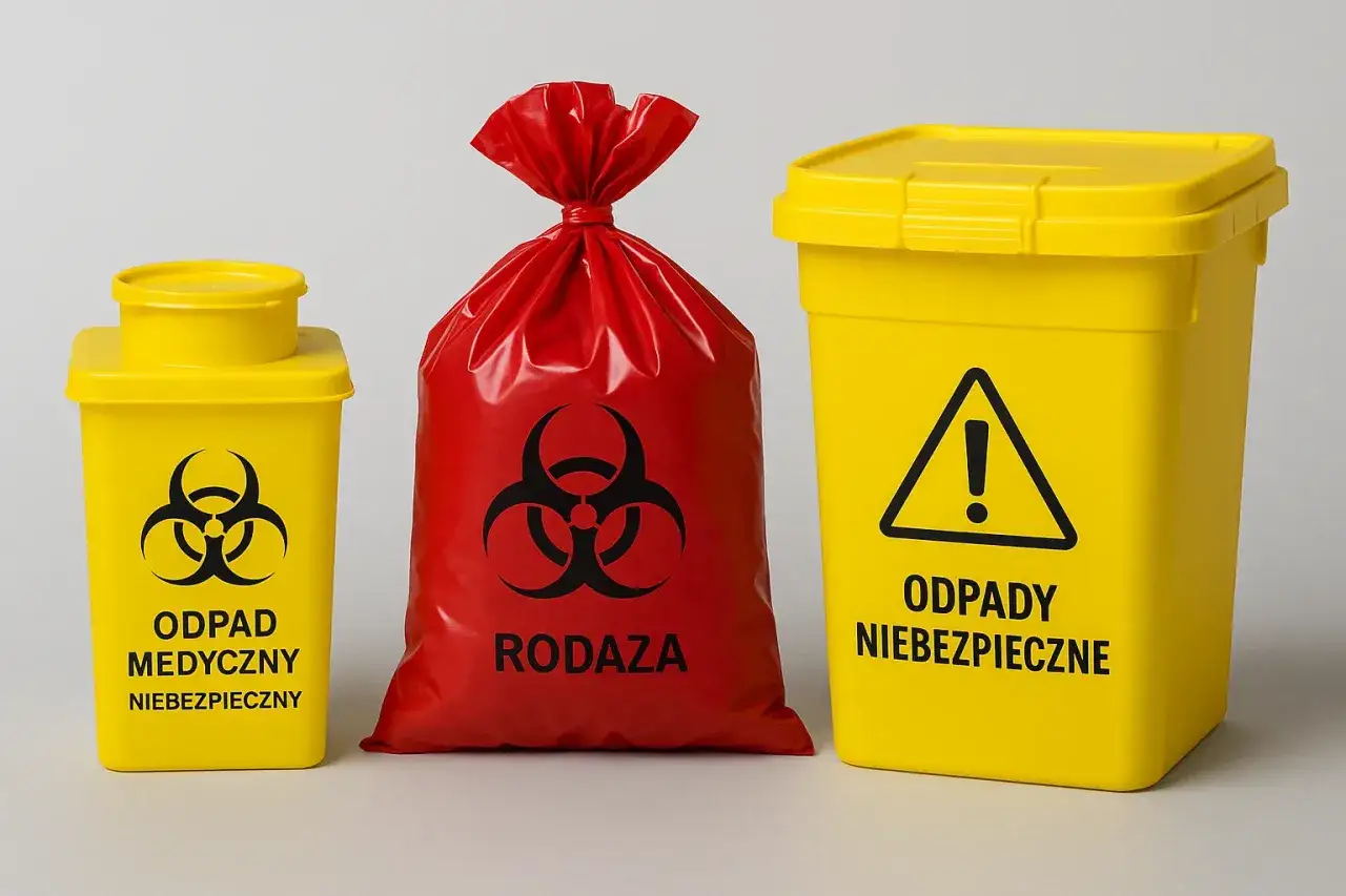 Żółte pojemniki i czerwony worek z symbolem biohazard. Oznaczenia: