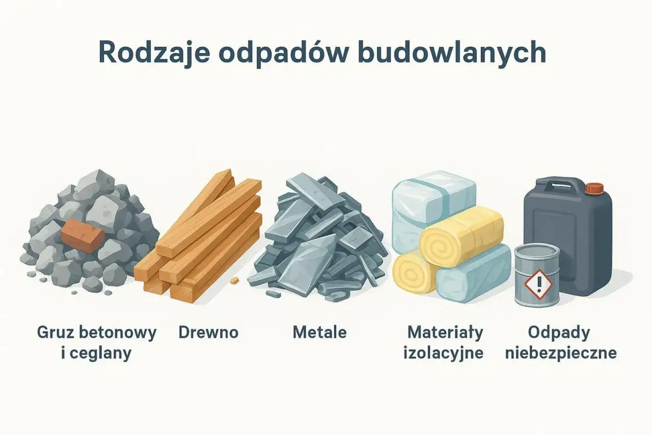 Rodzaje odpadów budowlanych: gruz, drewno, metale, materiały izolacyjne i odpady niebezpieczne. 17 06 04.