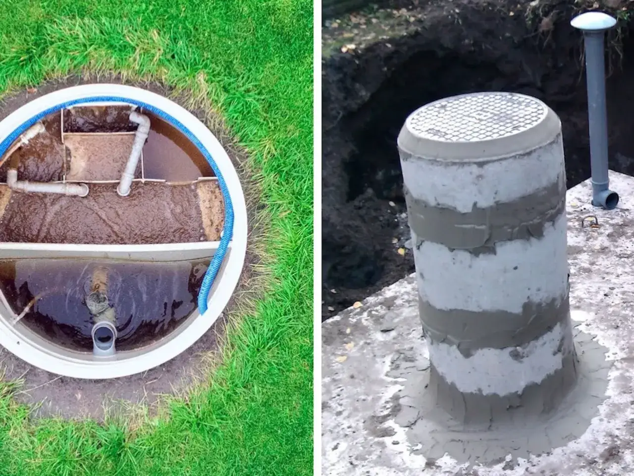 Szambo betonowe z drenażem, gotowe do montażu. Widok na wnętrze i zewnętrzną część instalacji.