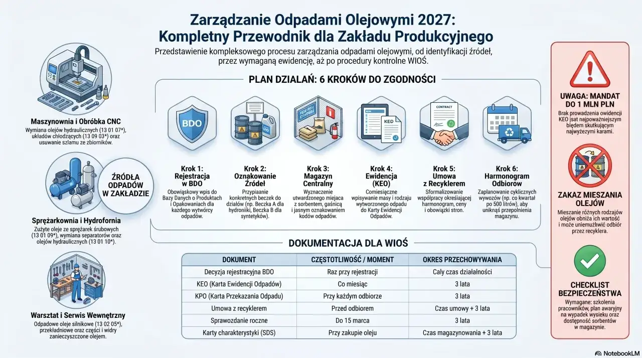 Zarządzanie odpadami olejowymi, w tym kod odpadu 15 02 03, obejmuje 6 kroków: rejestrację w BDO, oznakowanie źródeł, magazyn centralny, ewidencję KEO, umowę z recyklerem i harmonogram odbiorów.