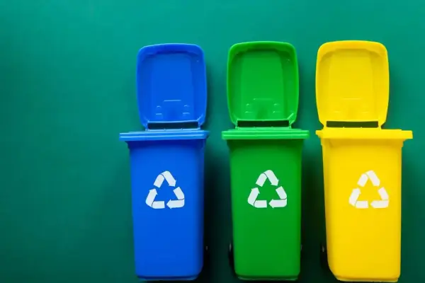 Trzy kolorowe kosze na śmieci: niebieski, zielony i żółty, z symbolami recyklingu. Pytanie: gdzie wyrzucać jednorazówki?