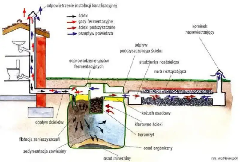Schemat przydomowej oczyszczalni ścieków z procesem napowietrzania. Pokazuje przepływ ścieków, gazów i powietrza.