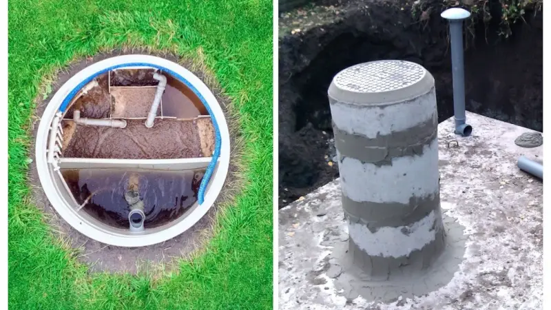 Widok z góry na wnętrze szamba septifos, po prawej betonowy kominek z rurą wentylacyjną.